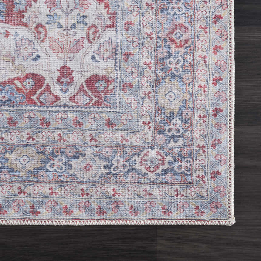 Close-up of the Rust Goma Vintage Area Rug showing blush, red, cream, and blue floral pattern and textured machine woven construction. Swatch