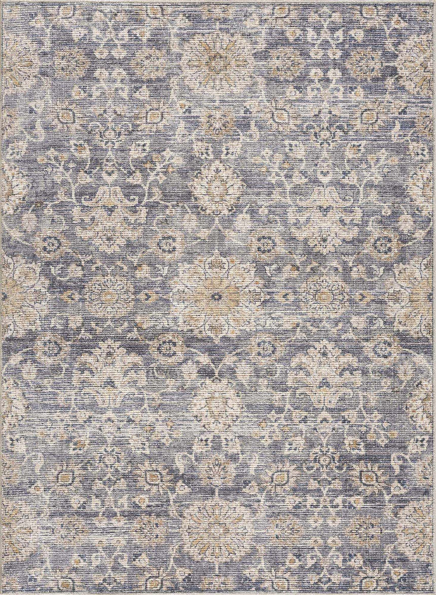 Close-up of the Metin Area Rug. Farmhouse style rug in light gray and natural gray with a traditional floral pattern. Design-Rectangle-537