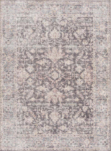 Close-up of the Nyota Area Rug. Traditional vintage style with gray, beige, and subtle floral patterns. Design-Rectangle-537