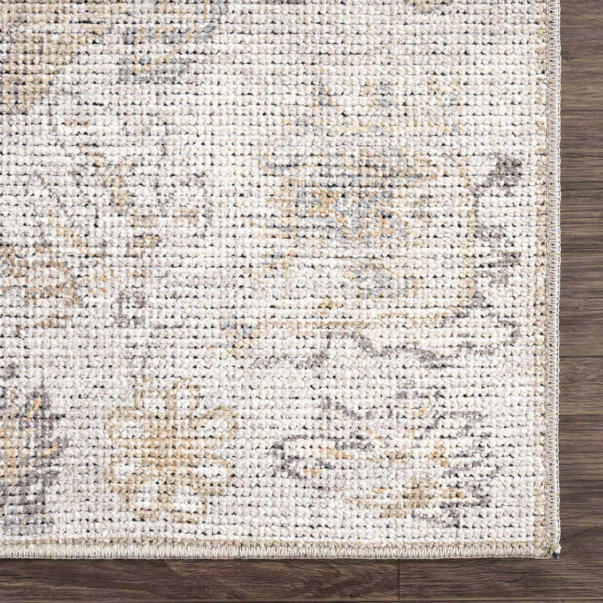 Close-up of the Melor Area Rug. The rug has a traditional vintage design with beige, gray, and ivory tones. Swatch