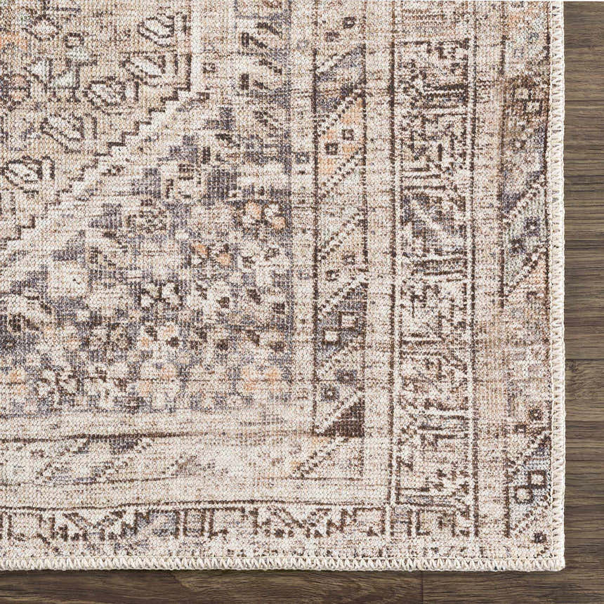 Close-up of the Nadie Beige Medallion Area Rug showing its traditional, farmhouse pattern and neutral colors on wood floor. Swatch