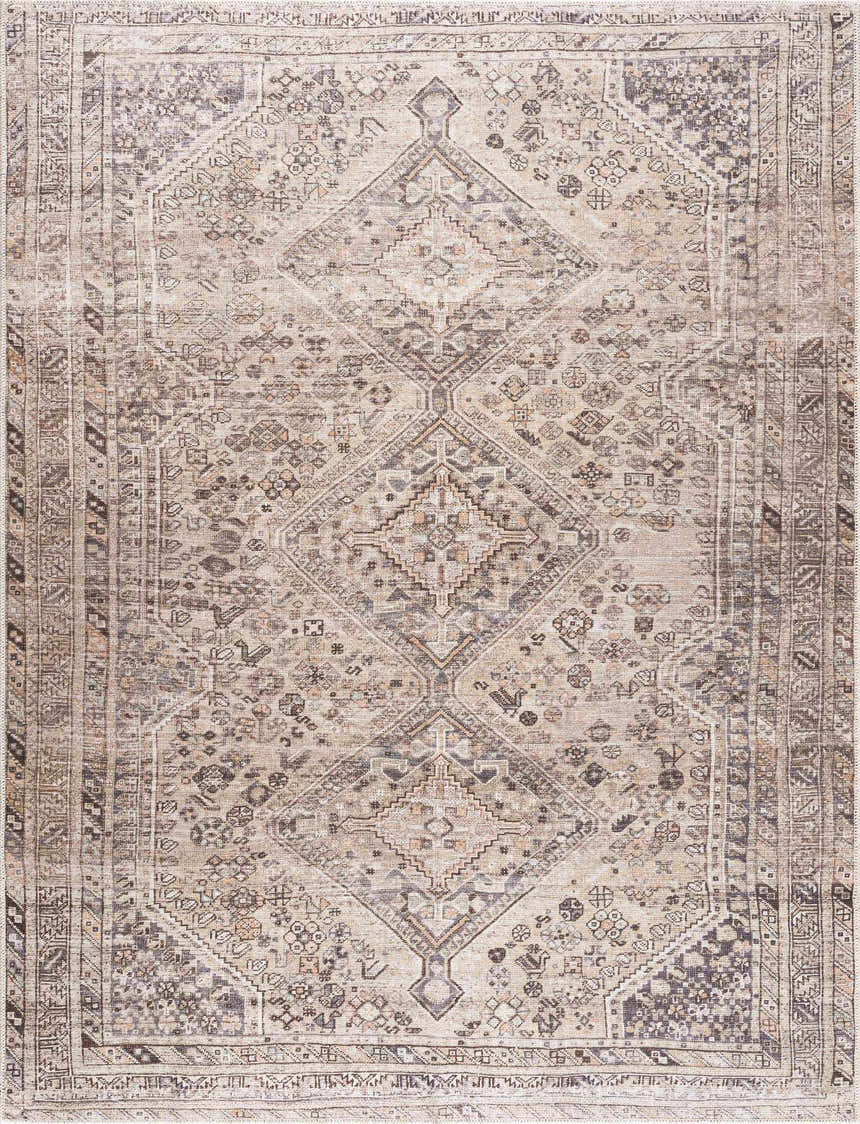 Detailed beige Nadie Medallion Area Rug. Traditional farmhouse style with diamond medallion pattern and ornate border. Design-Rectangle-537