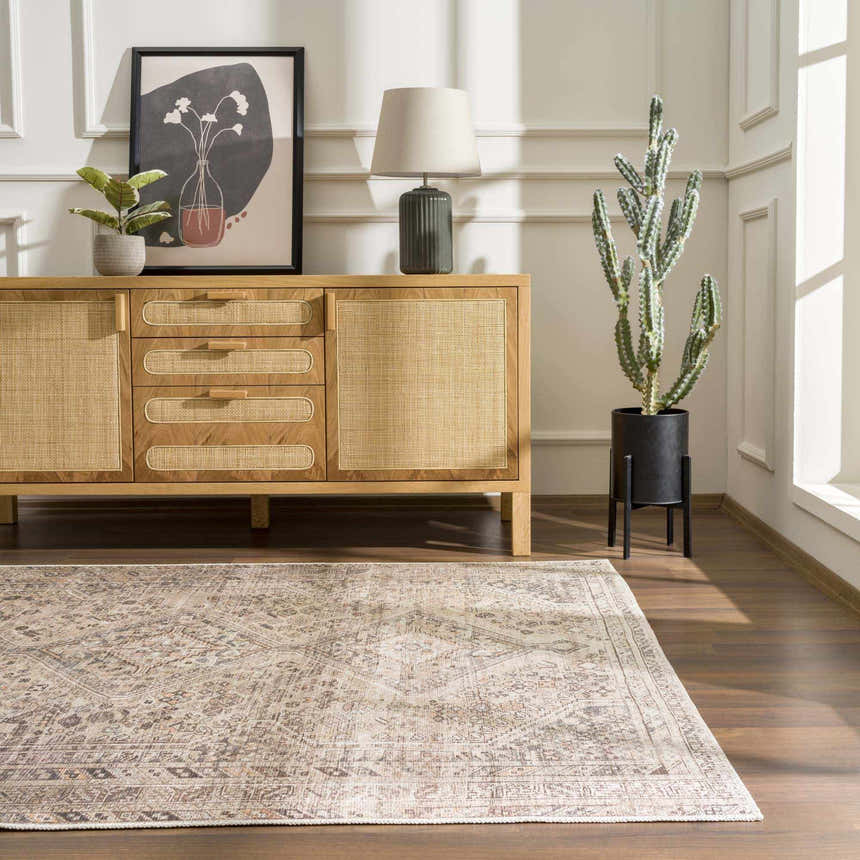 Living room scene with a Nadie Beige Medallion Area Rug, wood floors, and a light wood cabinet with decor. Roomscene-Rectangle