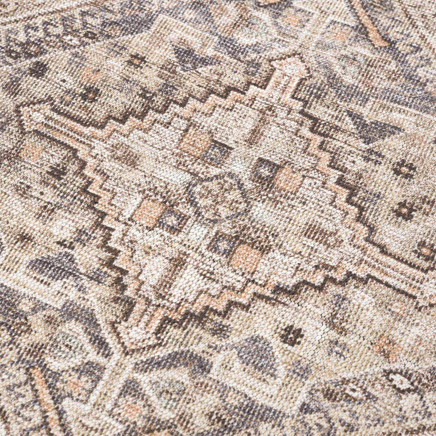 Close-up of the Nadie Beige Medallion Area Rug, showcasing its farmhouse-style pattern, texture, and neutral beige and brown tones. Texture