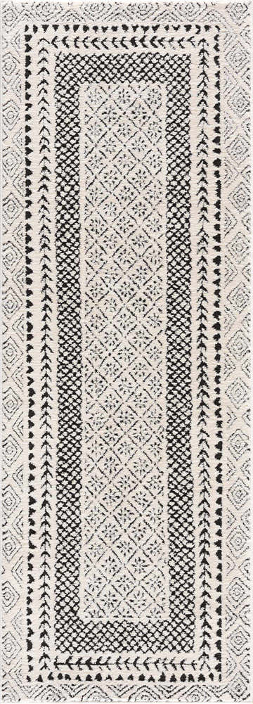 Close-up of the Julio Area Rug, a machine-woven runner with a black geometric pattern on a beige and ivory polyester base. Design-Runner-2773