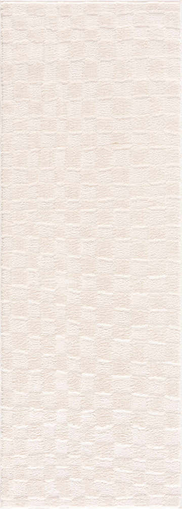 Close up of the Keesa Checkered Area Rug. Ivory and off-white polyester rug with a subtle checkered pattern. Design-Runner-2773