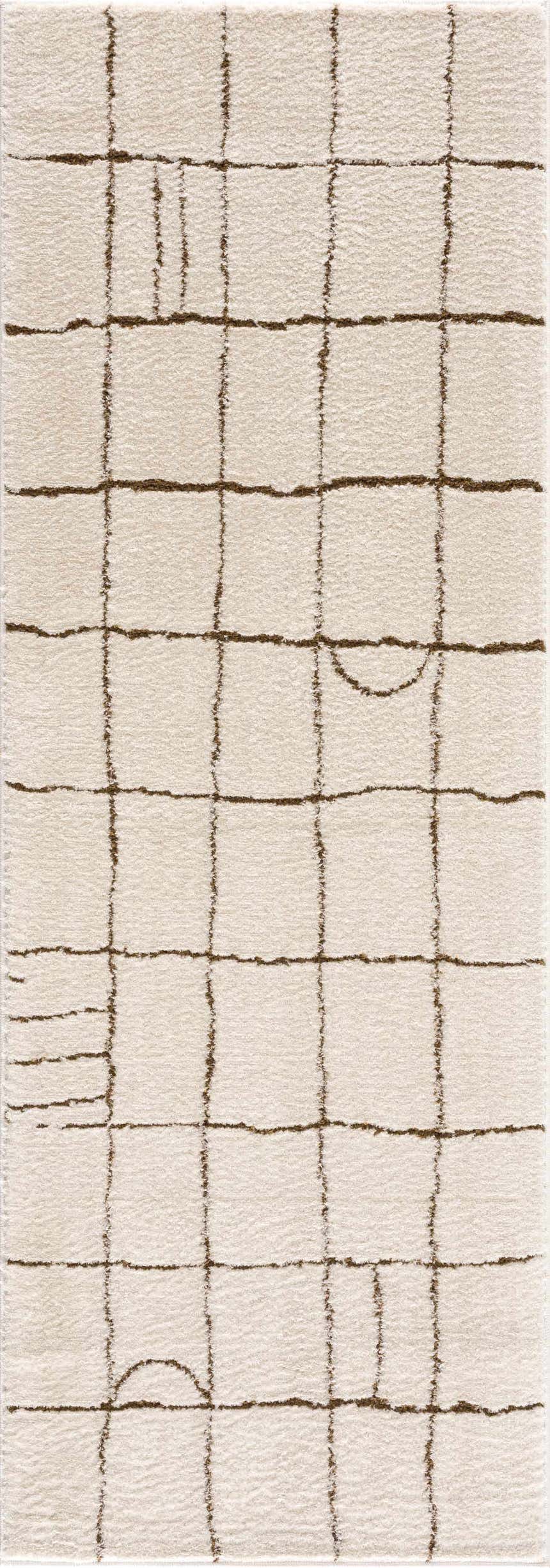 Close-up of the Keanu Area Rug, a beige polyester rug with a brown geometric grid pattern. Contemporary style. Design-Runner-2773