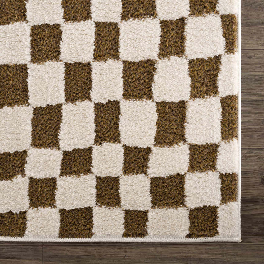 Close-up of the Lajos Brown Checkered Shag Rug. Features a brown and beige checkerboard pattern with a soft, shag texture. Swatch