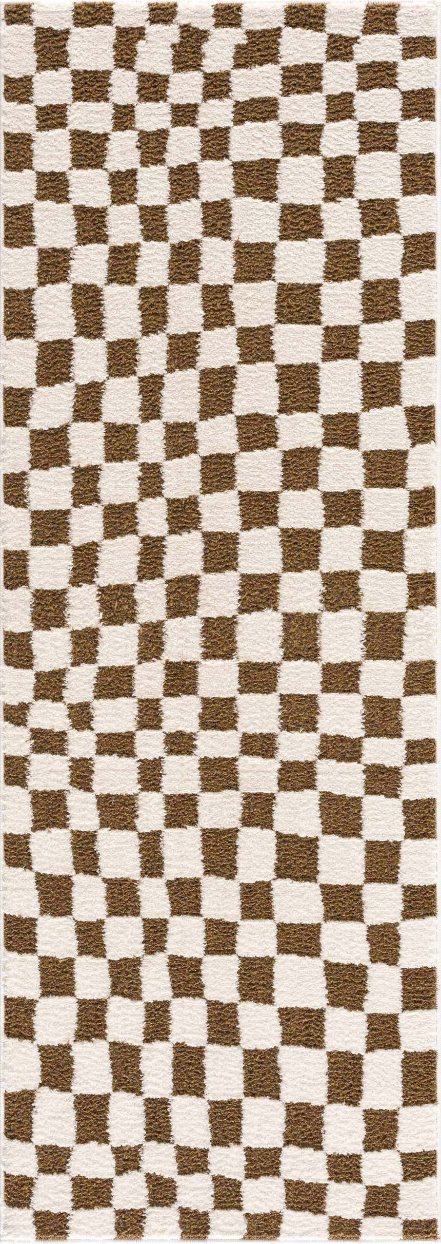 Close-up of the Lajos Brown Checkered Shag Rug. Features a geometric checkered pattern in beige, brown, rose cream, and white. Design-Runner-2773