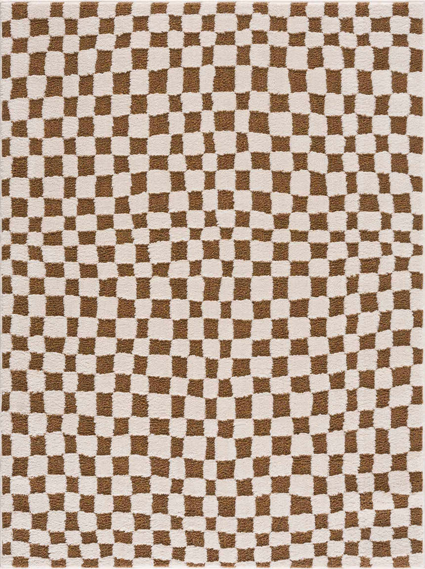 Close-up of Lajos Brown Checkered Shag Rug. Brown and beige checkerboard pattern with a soft, textured shag pile. Design-Rectangle-537