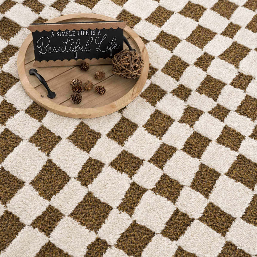Close-up of the Lajos Brown Checkered Shag Rug. The rug has a brown and beige checkerboard pattern with a soft, shag texture. Styleshot