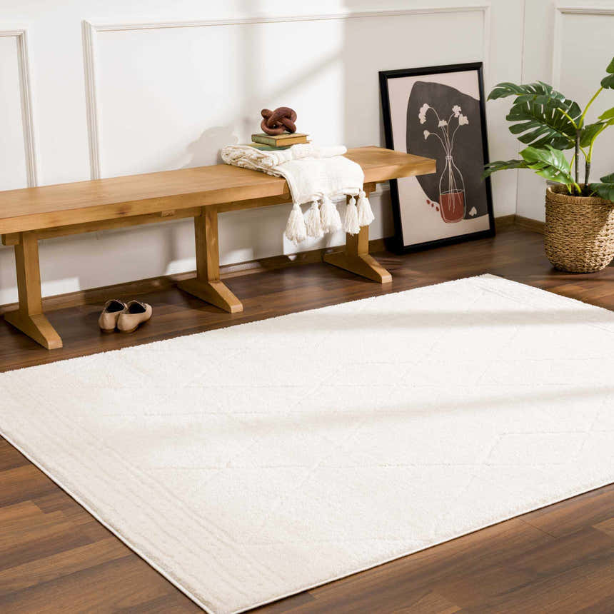 Entryway with wood bench, plant, and ivory Keone rug on dark wood floor. Roomscene-Rectangle