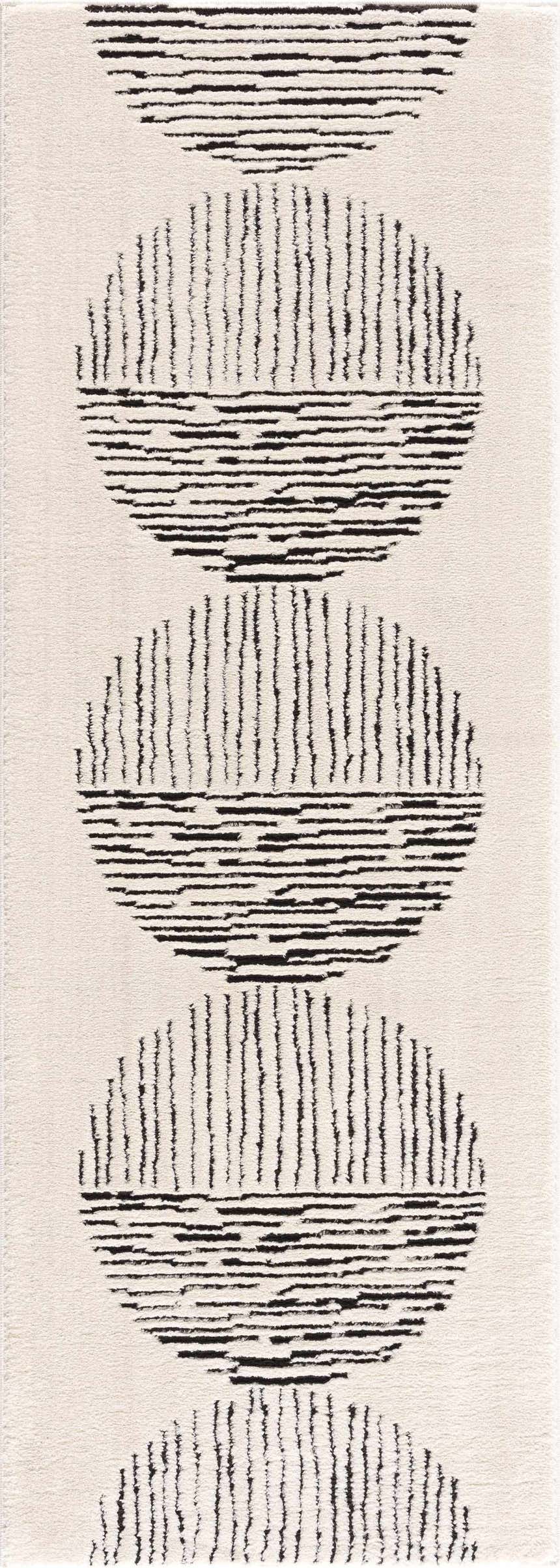 Close-up of the Mahsa Area Rug. Cream rug with a black geometric pattern of stacked circles, modern style. Design-Runner