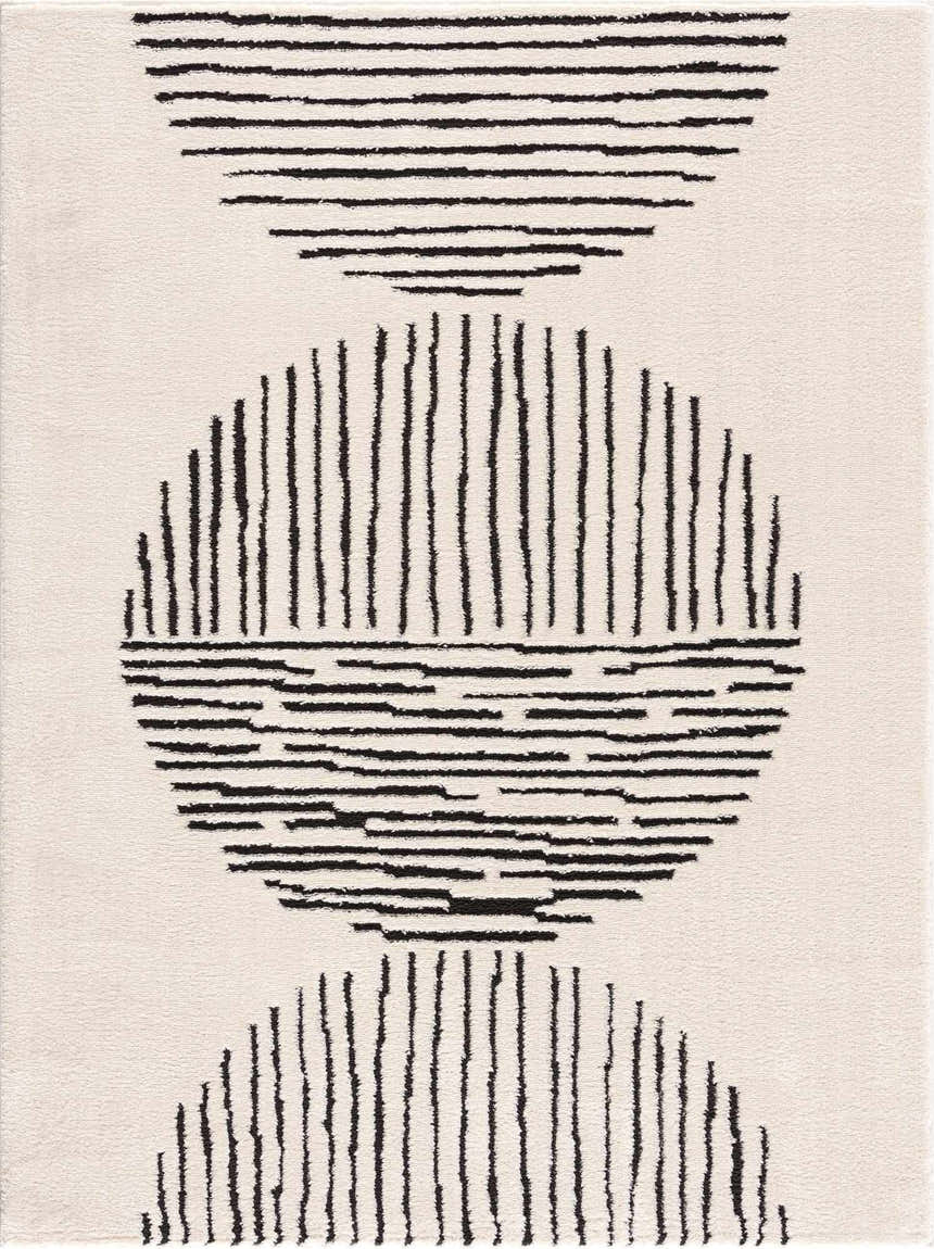 Close-up of the Mahsa Area Rug. Cream rug with a black geometric pattern of stacked semi-circles and lines. Design-Rectangle-46