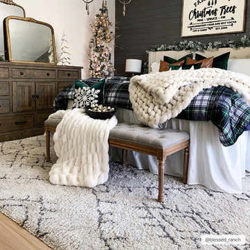 Festive bedroom scene with a Flintville Moroccan Shag Area Rug in charcoal and beige, adding cozy texture to the Christmas decor. Roomscene-Rectangle