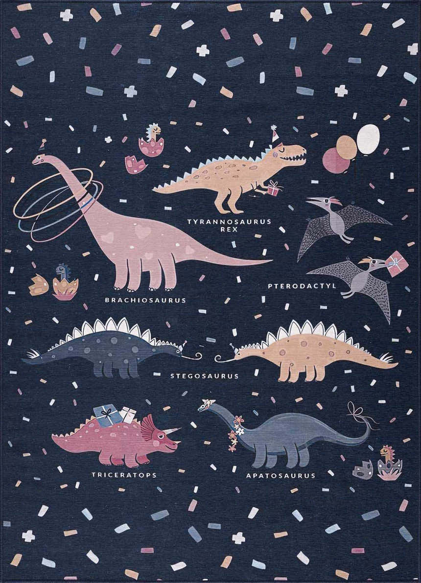 Close-up of the Milne Navy Dinosaur Washable Kids Rug. Features cartoon dinosaurs like T-Rex, Stegosaurus, and Triceratops on a navy background. Design-Rectangle-46