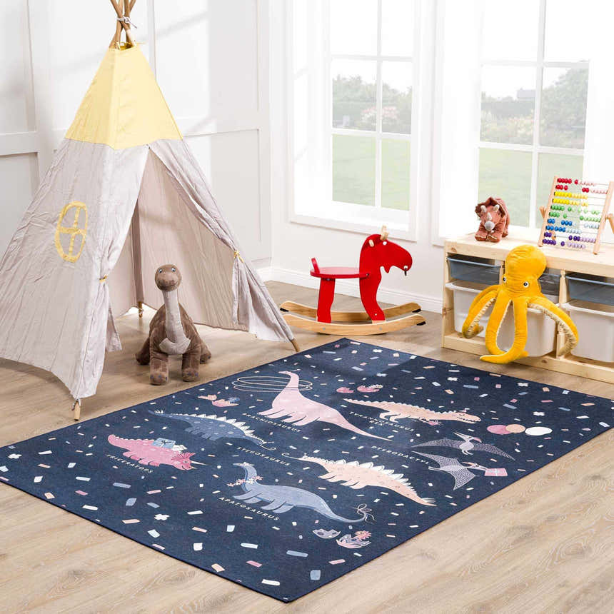Kids playroom with Milne Navy Dinosaur Washable Kids Rug, teepee tent, rocking horse, and toys. Roomscene-Rectangle
