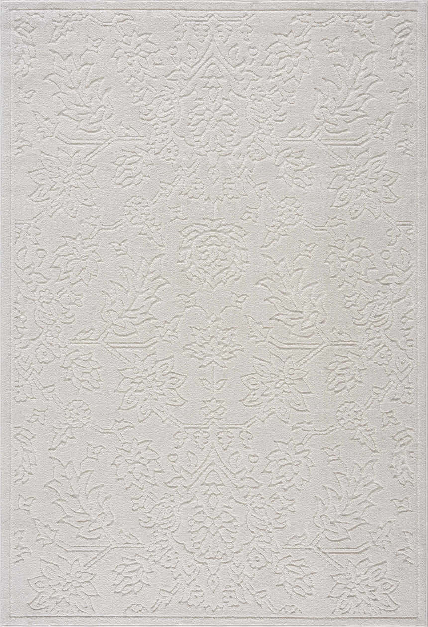 Close up of Senekal 3D Outdoor Area Rug in off white with a subtle geometric floral pattern and textured weave. Design-Rectangle-5373