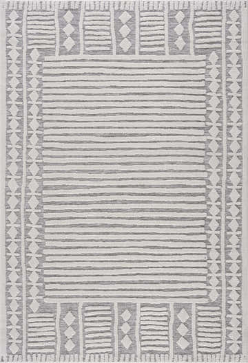 Close-up of the Tabontabon 3D Outdoor Area Rug. Geometric pattern in arctic stone, dark gray, gray, nickel, and smoke. Design-Rectangle-5373