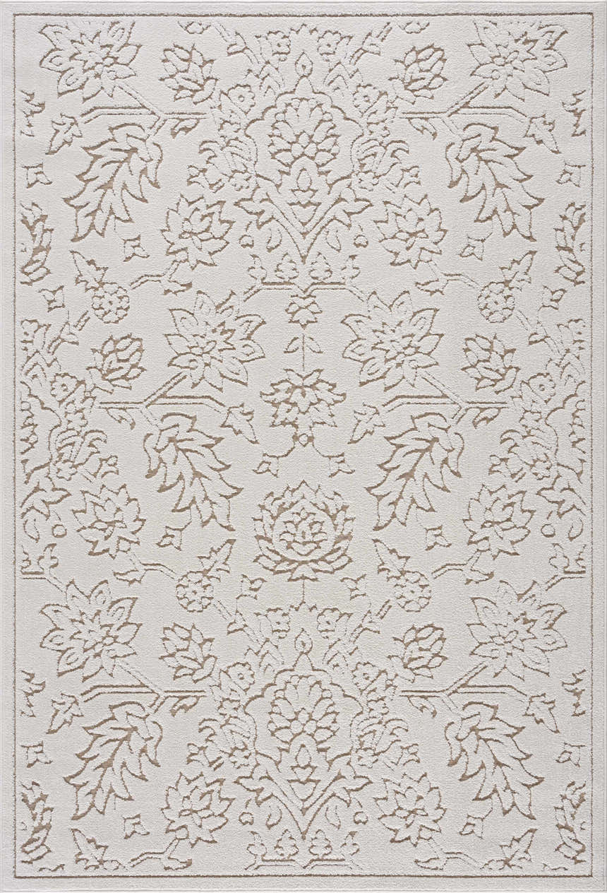 Close-up of Tabuan 3D Outdoor Area Rug. White thatch rug with nutmeg floral and leaf pattern. Coastal style. Design-Rectangle-5373