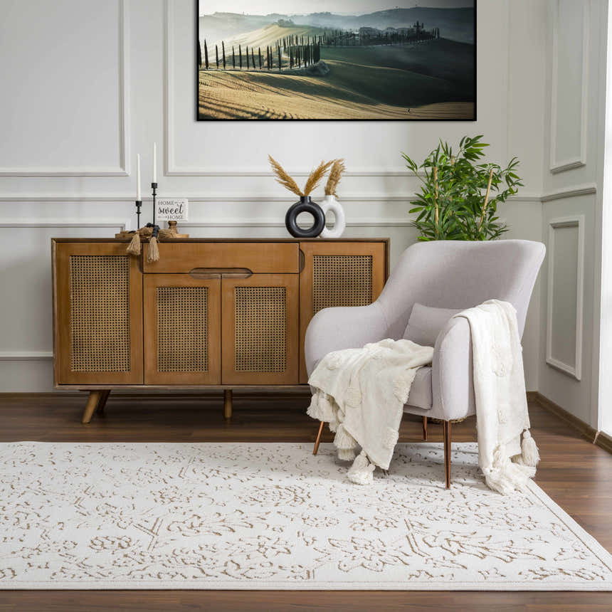 Living room scene with the Tabuan 3D Outdoor Area Rug in gray, light peach, nutmeg, smoke, and white thatch. Coastal farmhouse style. Roomscene-Rectangle