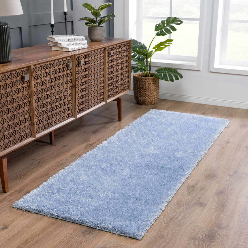 Entryway with Faina Solid Aqua Shag Washable Area Rug runner, wood cabinet, plants, and wood floors. Roomscene-Runner