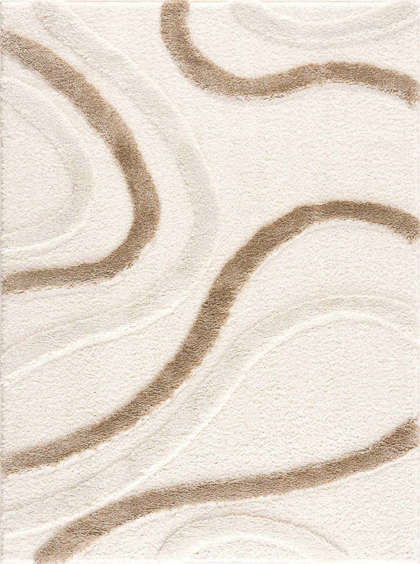 Close-up of the Espiye Area Rug: a shag rug with a driftwood swirl pattern on a light peach background. Design-Rectangle-537