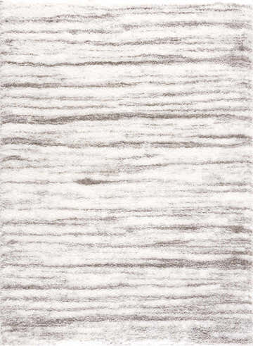 Close-up of the Natsu Natural Gray Area Rug showing its shag texture and light gray and off-white horizontal stripes. Design-Rectangle-537