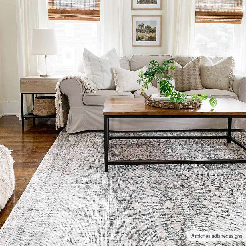 Living room with neutral sofa and wood coffee table on a gray vintage Hedda Boutique Washable Rug. Roomscene-Rectangle