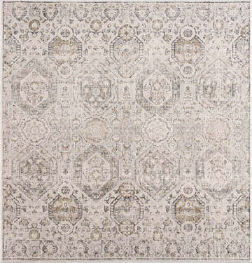 Close-up of the Parkerfield Area Rug. Beige, black, charcoal, and mustard geometric pattern on an off-white background. Design-Square-53