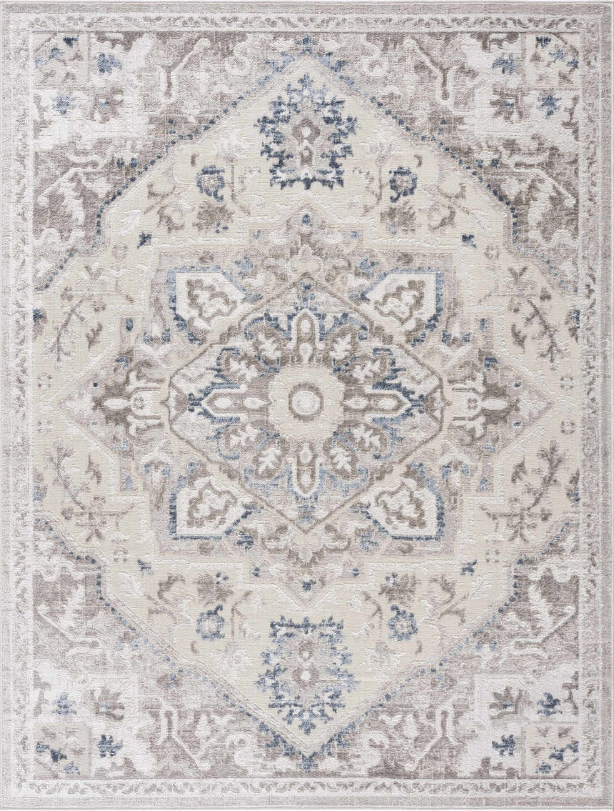 Detailed view of the Bakir Area Rug, showcasing its traditional blue and gray floral medallion pattern. Design-Rectangle-46