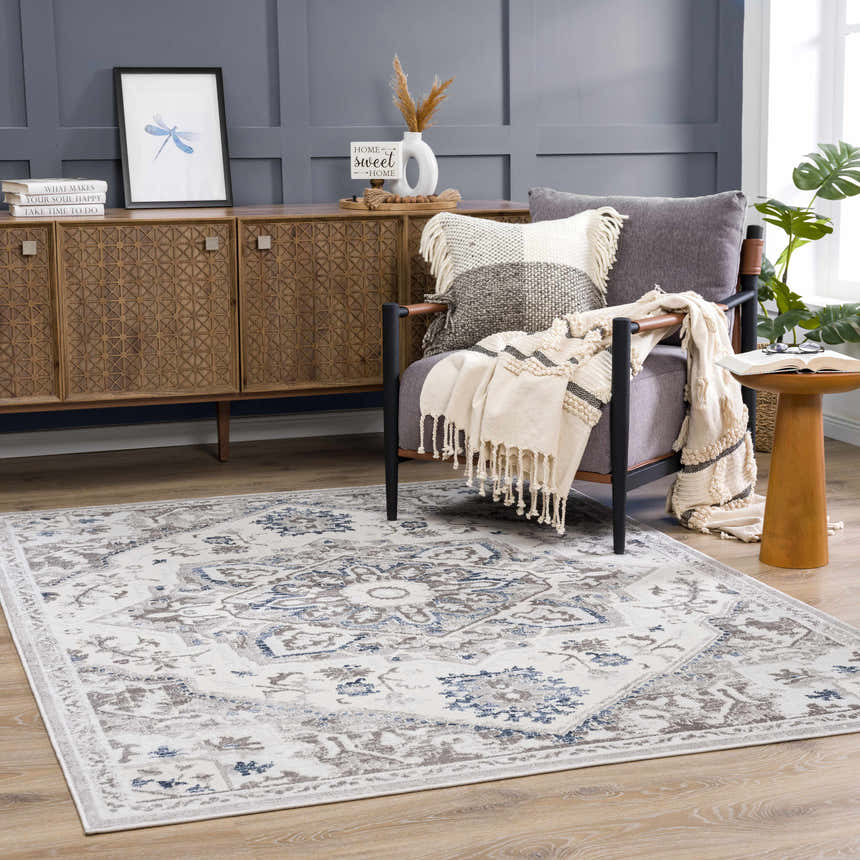 Living room scene with a blue and gray Bakir Area Rug, wood cabinet, gray chair, and farmhouse decor. Roomscene-Rectangle