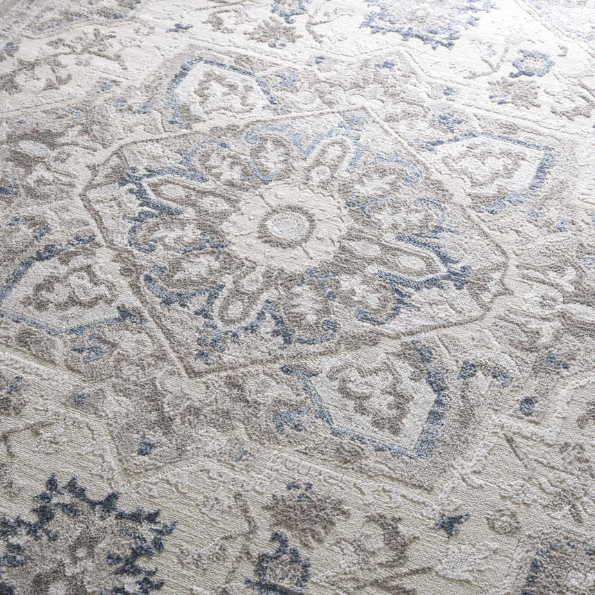 Close-up of the Bakir Area Rug. Features a traditional floral pattern in shades of blue and gray on a textured ivory background. Texture
