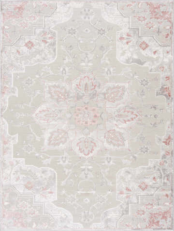 Close-up of the Calum Pink Floral Thick Area Rug, featuring a traditional oriental design in gray, pink, and ivory. Design-Rectangle-46