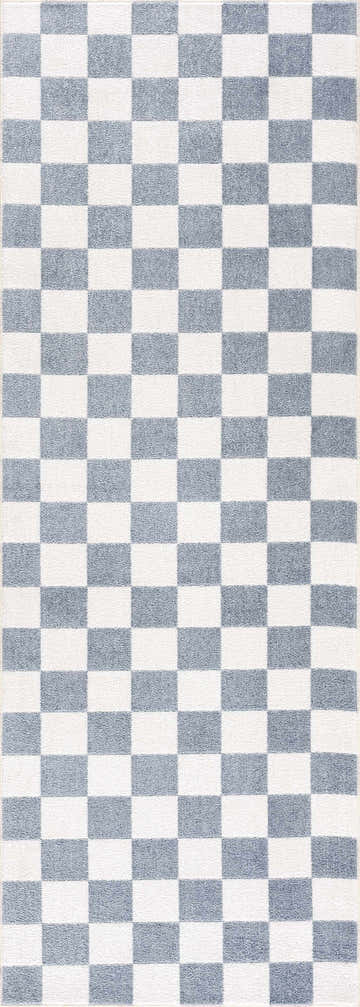 Close-up of the Brone Blue Checkered Washable Rug, featuring a blue and off-white geometric checkered design. Design-Runner-2773