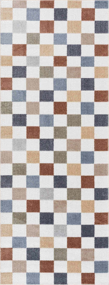 Close-up of the Alie Colorful Checkered Washable Rug. Features a geometric checkered pattern in blue, tan, and off-white hues. Design-Runner-2710