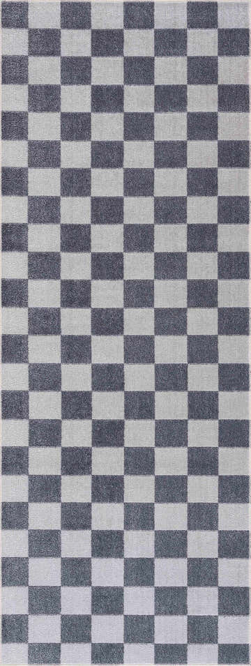 Close-up of the Alie Blue Gray Checkered Washable Rug, featuring a modern geometric pattern in blue, gray, and ivory. Design-Runner-2773