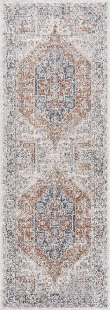 Close-up of the Akram Gray & Orange Washable Area Rug, showcasing its traditional vintage design and distressed texture. Design-Runner