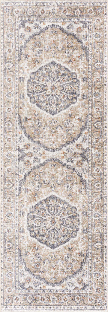Close-up of the Hiti Beige Flat Pile Washable Rug, showcasing its traditional vintage pattern and beige, blue, and ivory colors. Design-Runner-2773