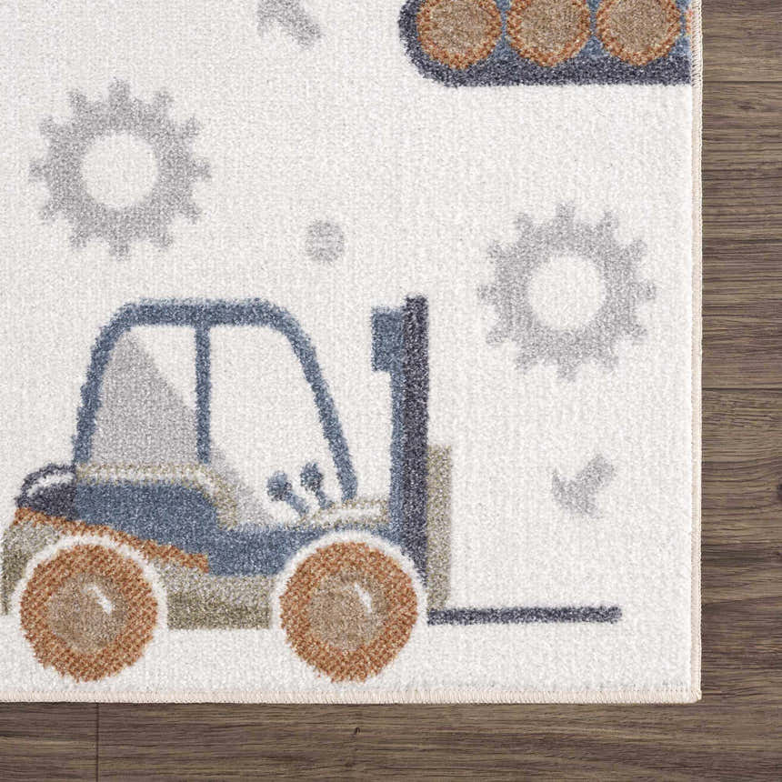 Close up of the Construction Washable Kids Area Rug with a forklift and gear pattern. Corner