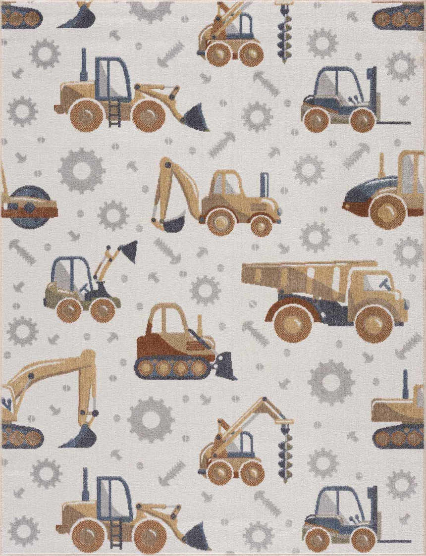 Close-up of the Construction Washable Kids Area Rug featuring a pattern of construction vehicles and tools. Design-Rectangle-46