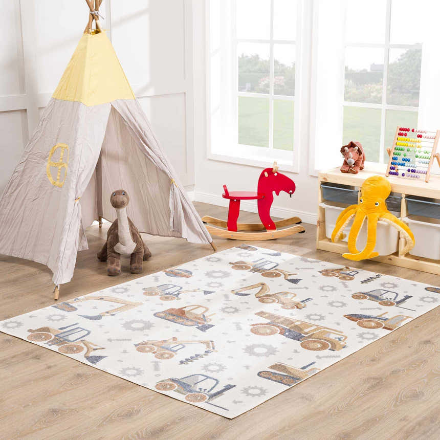 Kids room with Construction Washable Kids Area Rug, teepee, toys, and wood floor. Playful, inviting space. Roomscene-Rectangle