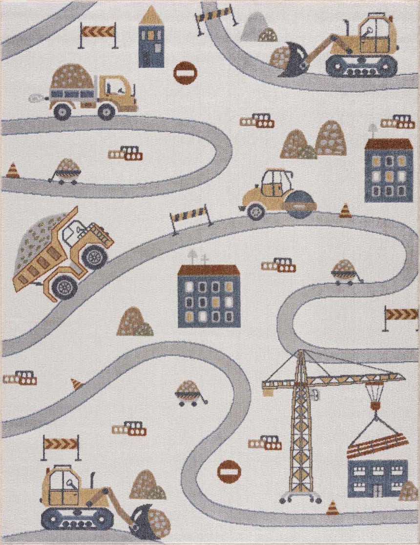 Close-up of the Olwen Washable Area Rug featuring a construction site design with trucks, roads, and buildings in blue and cream. Design-Rectangle-537