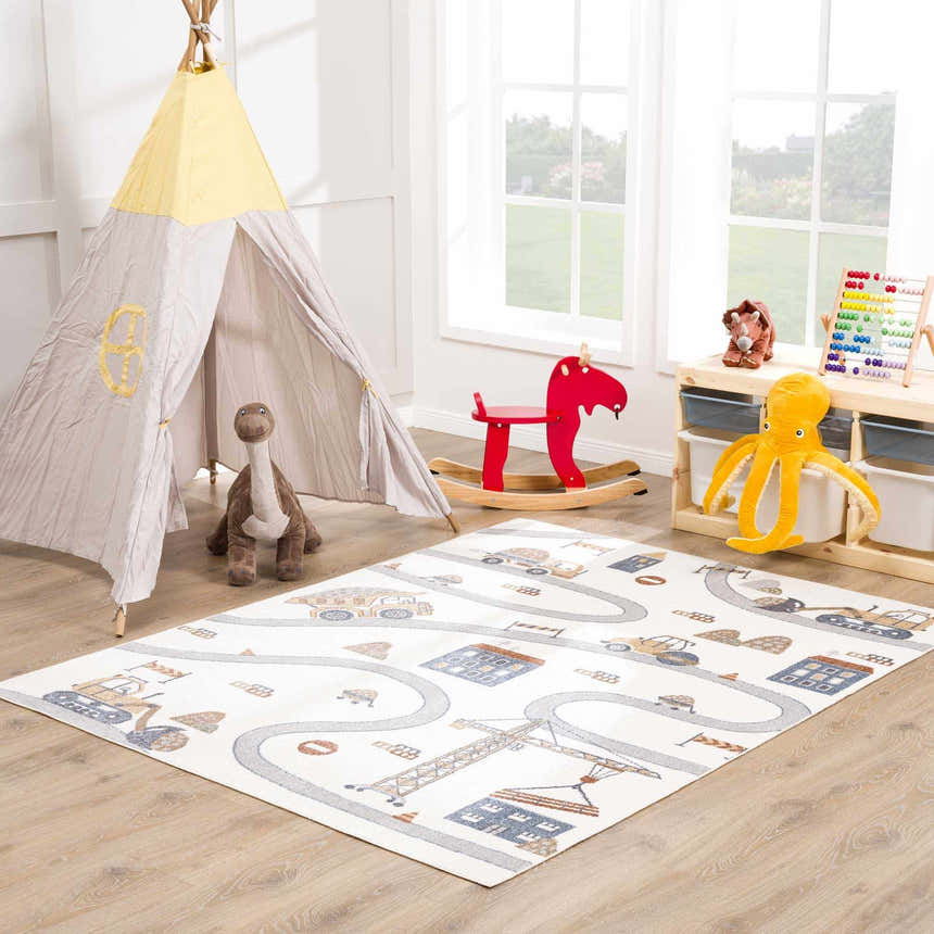 Kids playroom with teepee and Olwen Washable Area Rug, featuring roads, cars, and construction equipment design. Roomscene-Rectangle