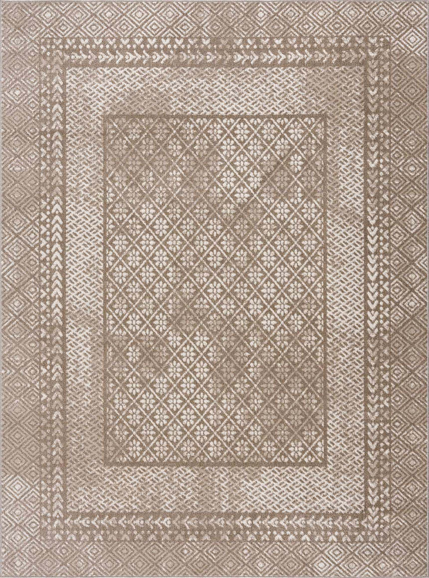 Close-up of the Caditaan Washable Area Rug. Brown and cream rug with traditional floral and geometric patterns. Design-Rectangle-537