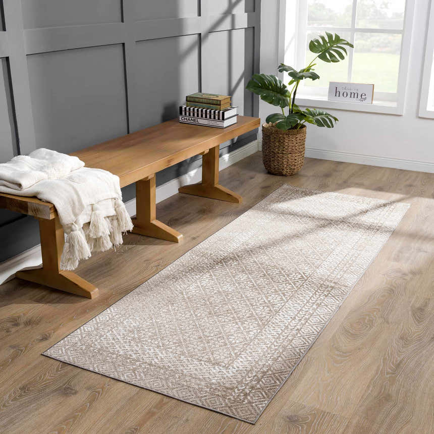 Entryway with light wood floors and a brown and cream Caditaan Washable Area Rug runner. Roomscene-Runner