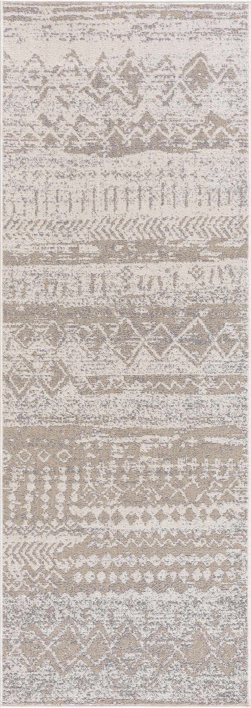 Close-up of Tupsan Washable Area Rug featuring a contemporary geometric pattern in cream, light beige, and light gray tones. Design-Runner