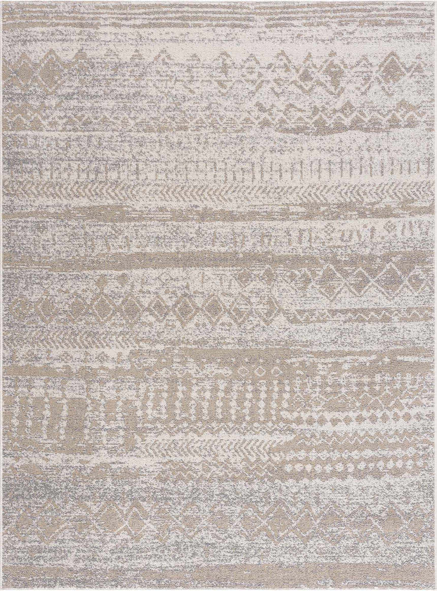 Close-up of Tupsan Washable Area Rug. Cream, light beige, and gray rug with a contemporary tribal pattern. Design-Rectangle-537