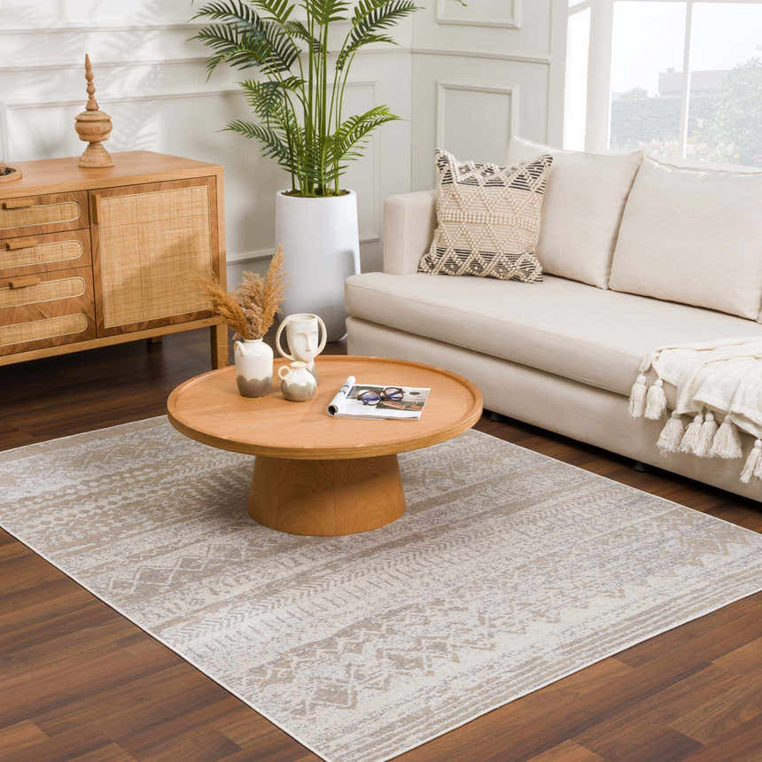 Living room with a cream sofa and Tupsan Washable Area Rug in cream, beige, and gray tones. Modern farmhouse style. Roomscene-Rectangle