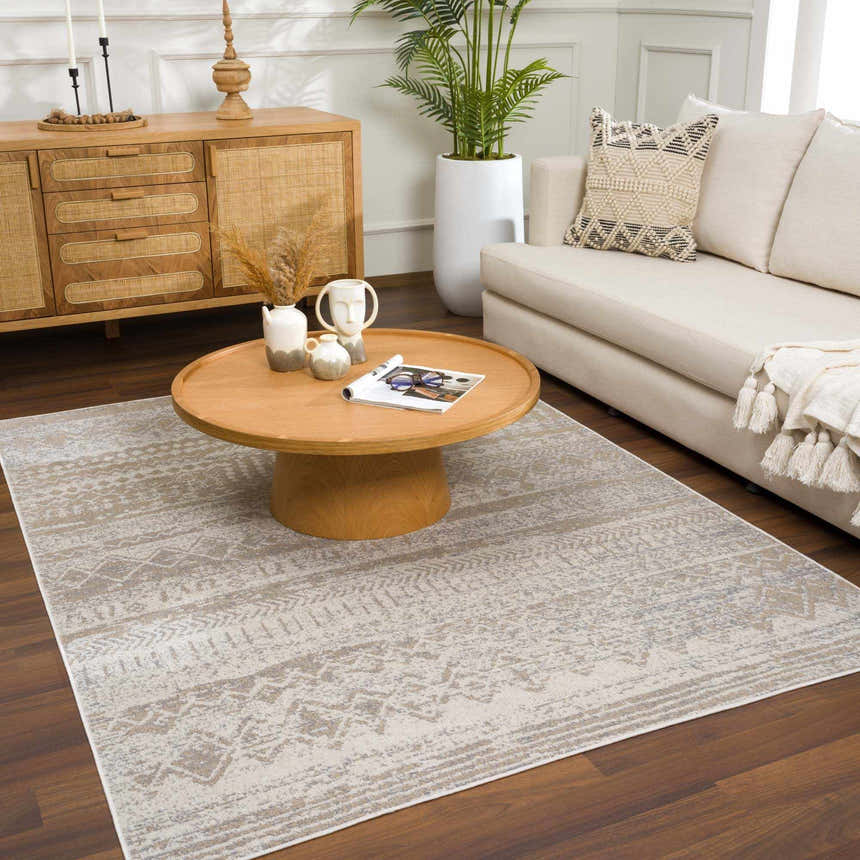 Living room scene with a Tupsan Washable Area Rug in cream, light beige, and light gray colors. Modern farmhouse style. Roomscene-Rectangle